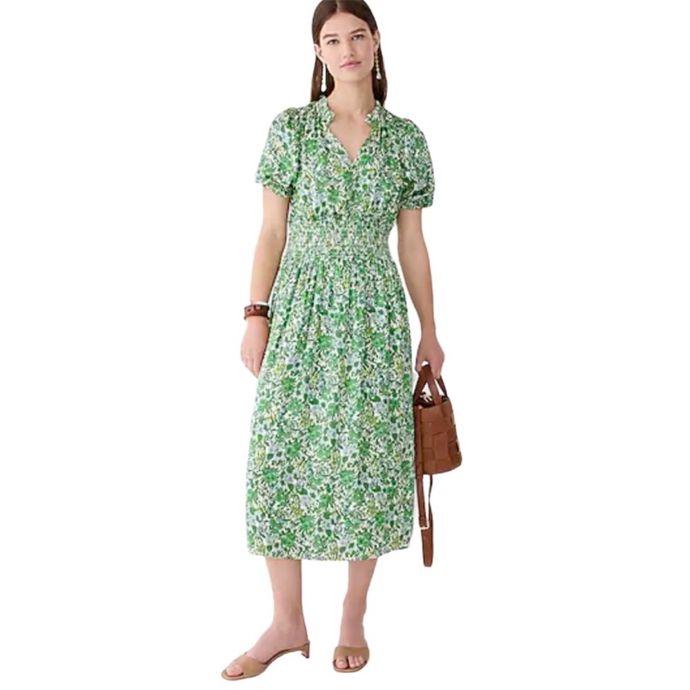 J. Crew Smocked-waist featherweight satin midi dress in tossed floral